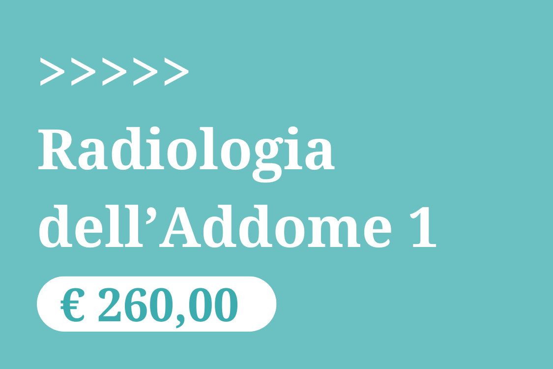 Grafica promozionale Vetacademy: sfondo blu con testo Radiologia dell'Addome 1 260 euro.