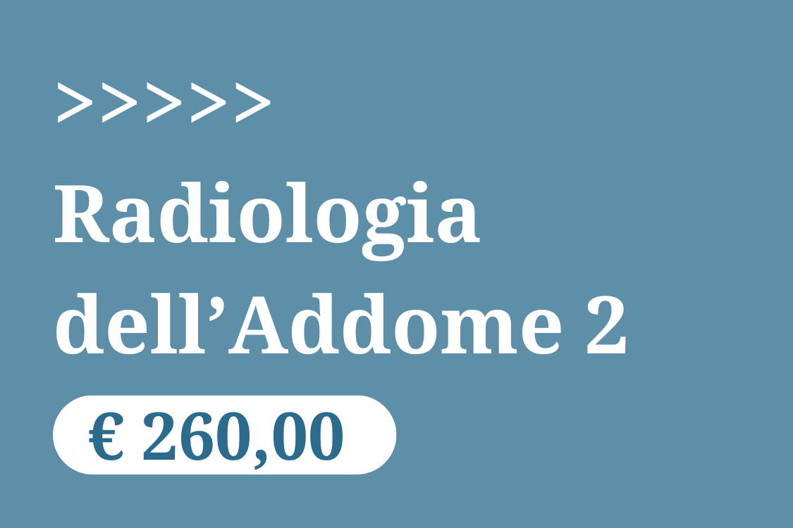 Grafica promozionale Vetacademy: sfondo blu con testo 'Radiologia dell'Addome 2 260 euro